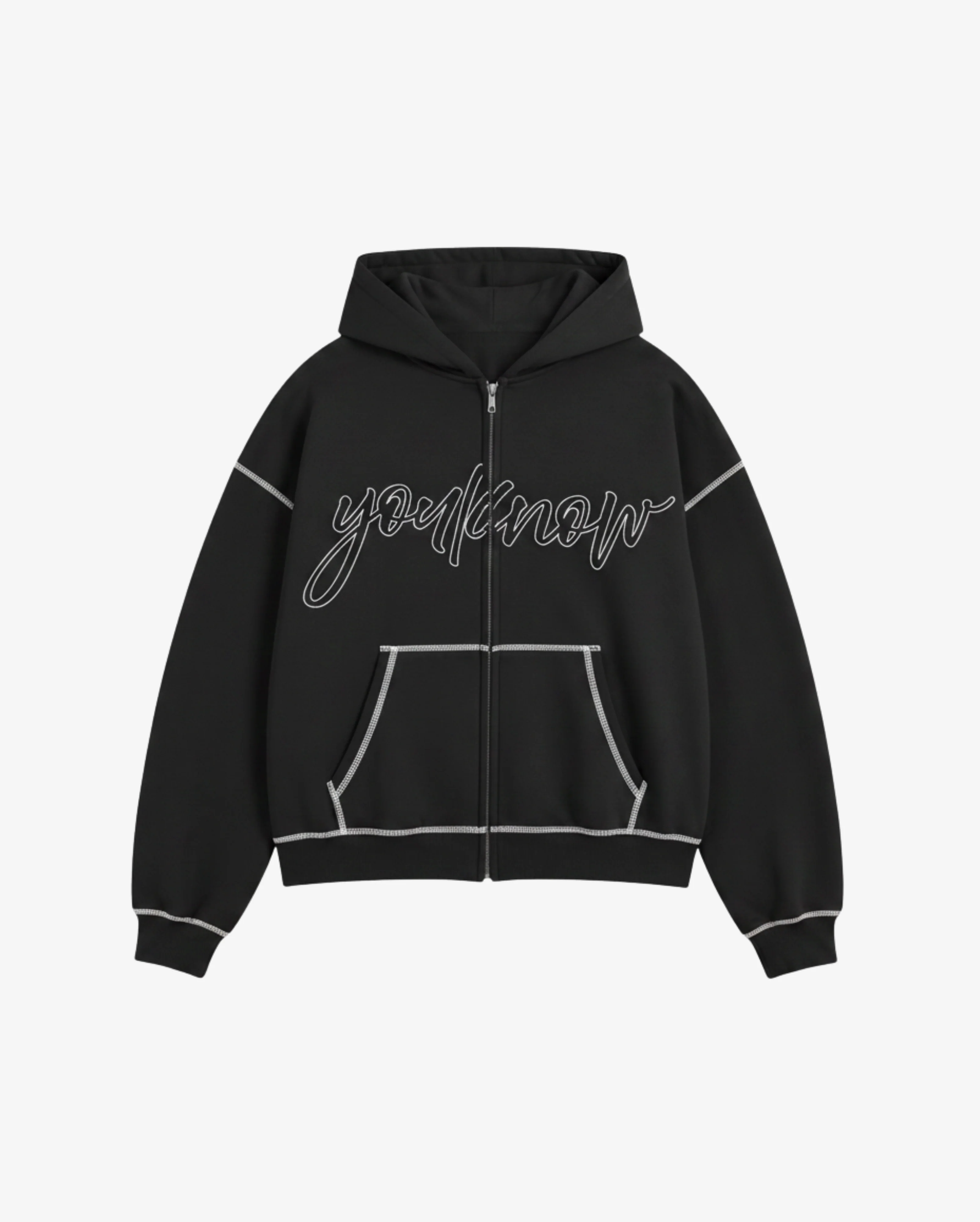 Contrast Stitch Zip Up Hoodie | Black