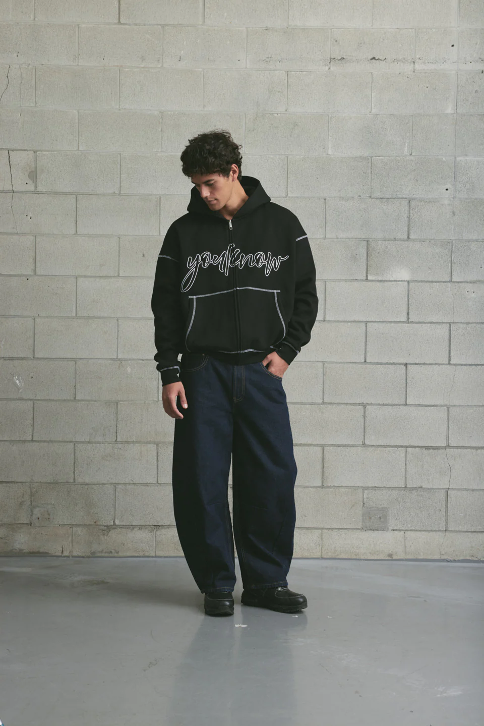Contrast Stitch Zip Up Hoodie | Black - Image 2