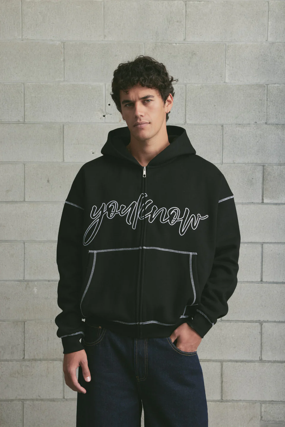 Contrast Stitch Zip Up Hoodie | Black - Image 3