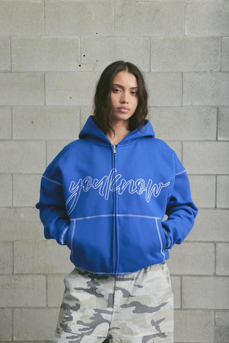 Contrast Stitch Zip Up Hoodie | COBALT BLUE - Image 3