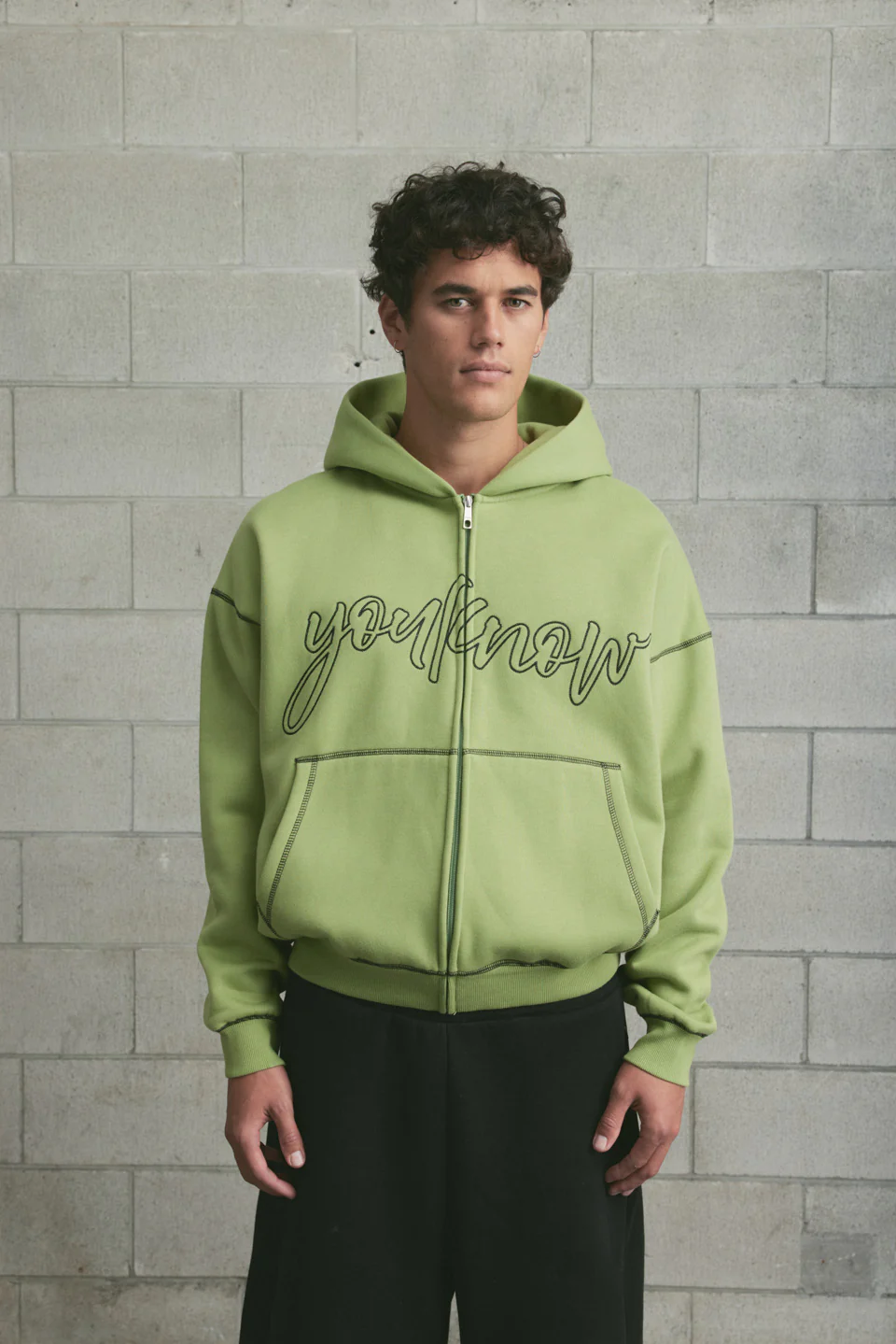 Contrast Stitch Zip Up Hoodie | Kiwi - Image 2