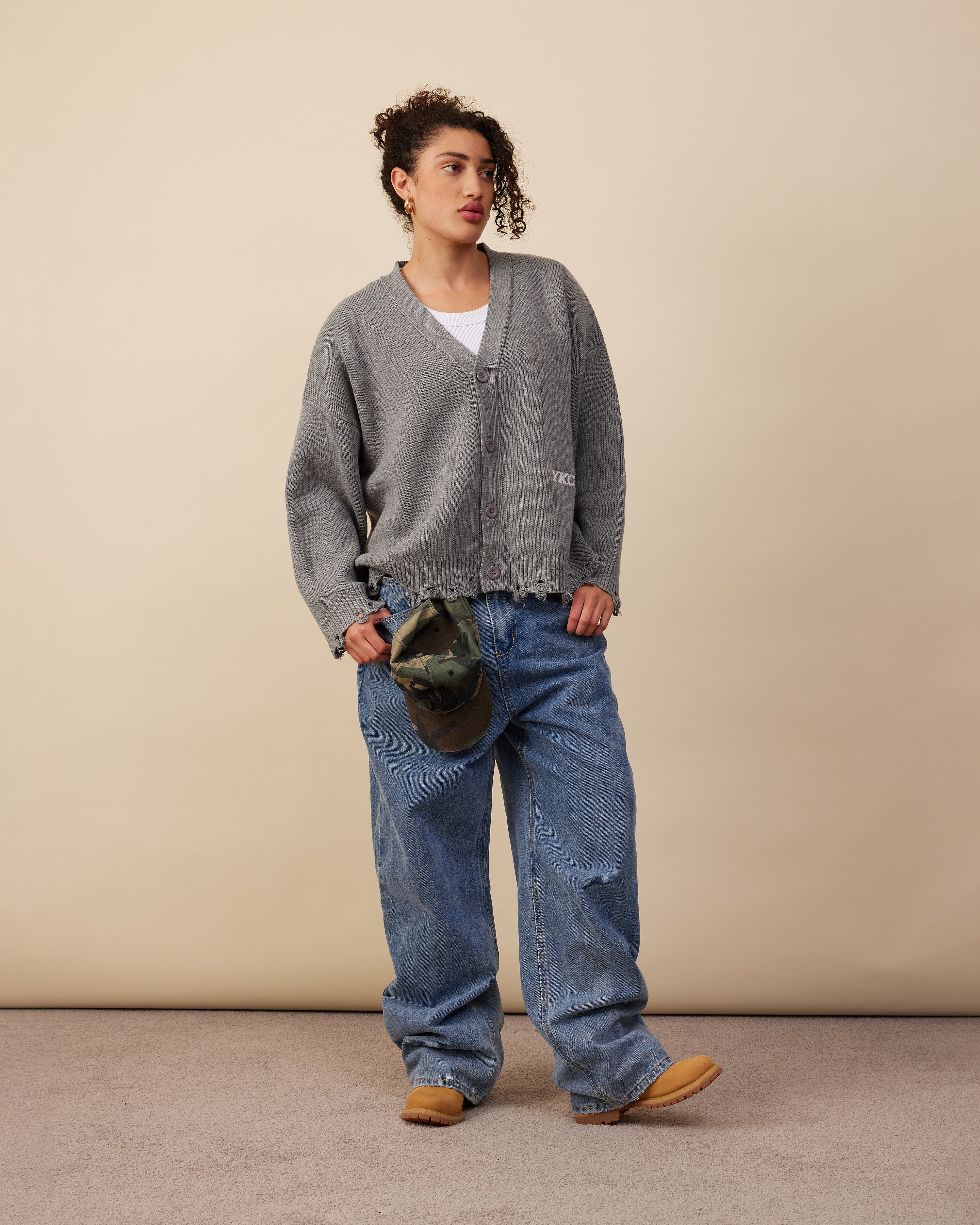 Cotton Knit Boxy Cardi | Distressed Grey Melange - Image 3