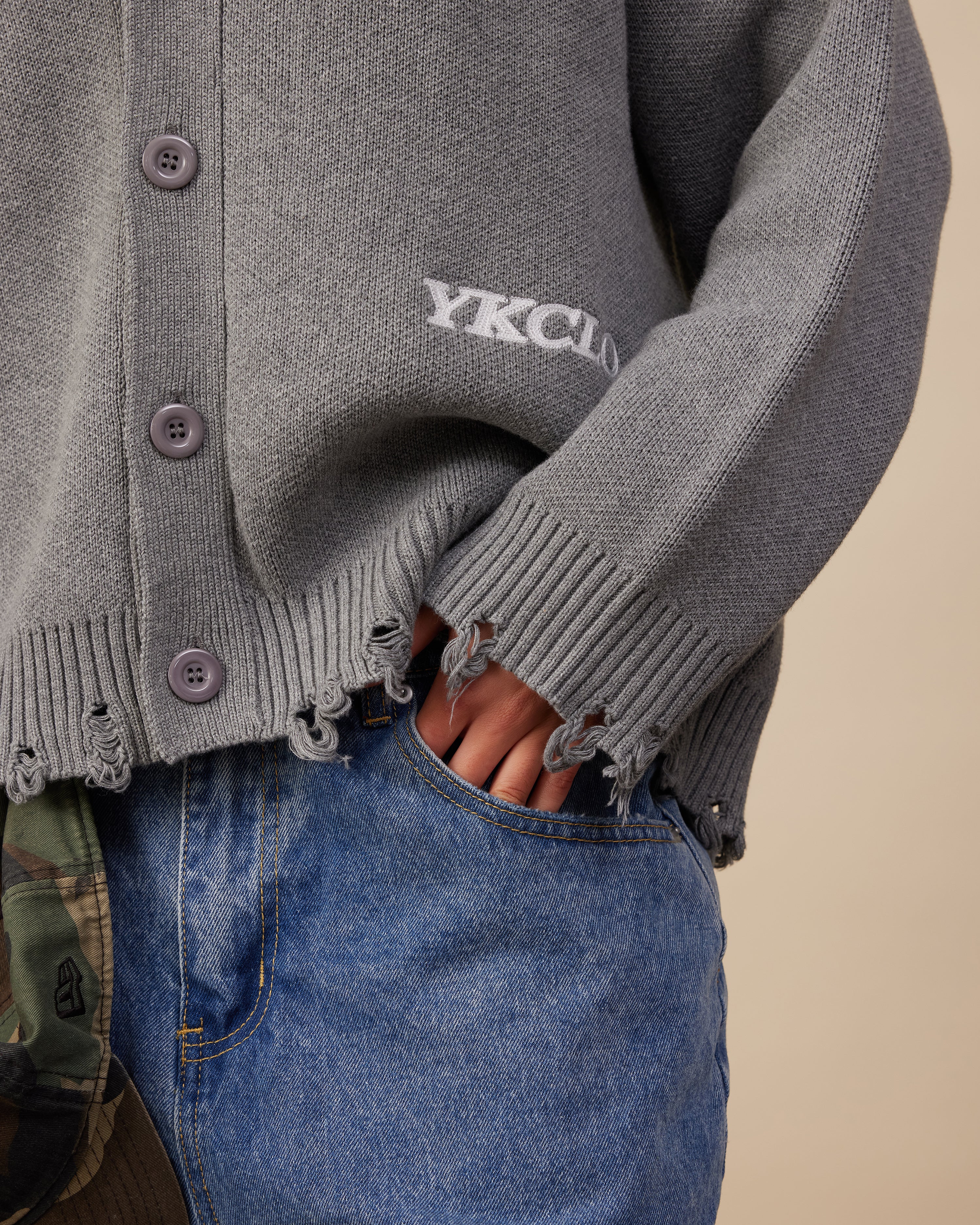 Cotton Knit Boxy Cardi | Distressed Grey Melange - Image 4