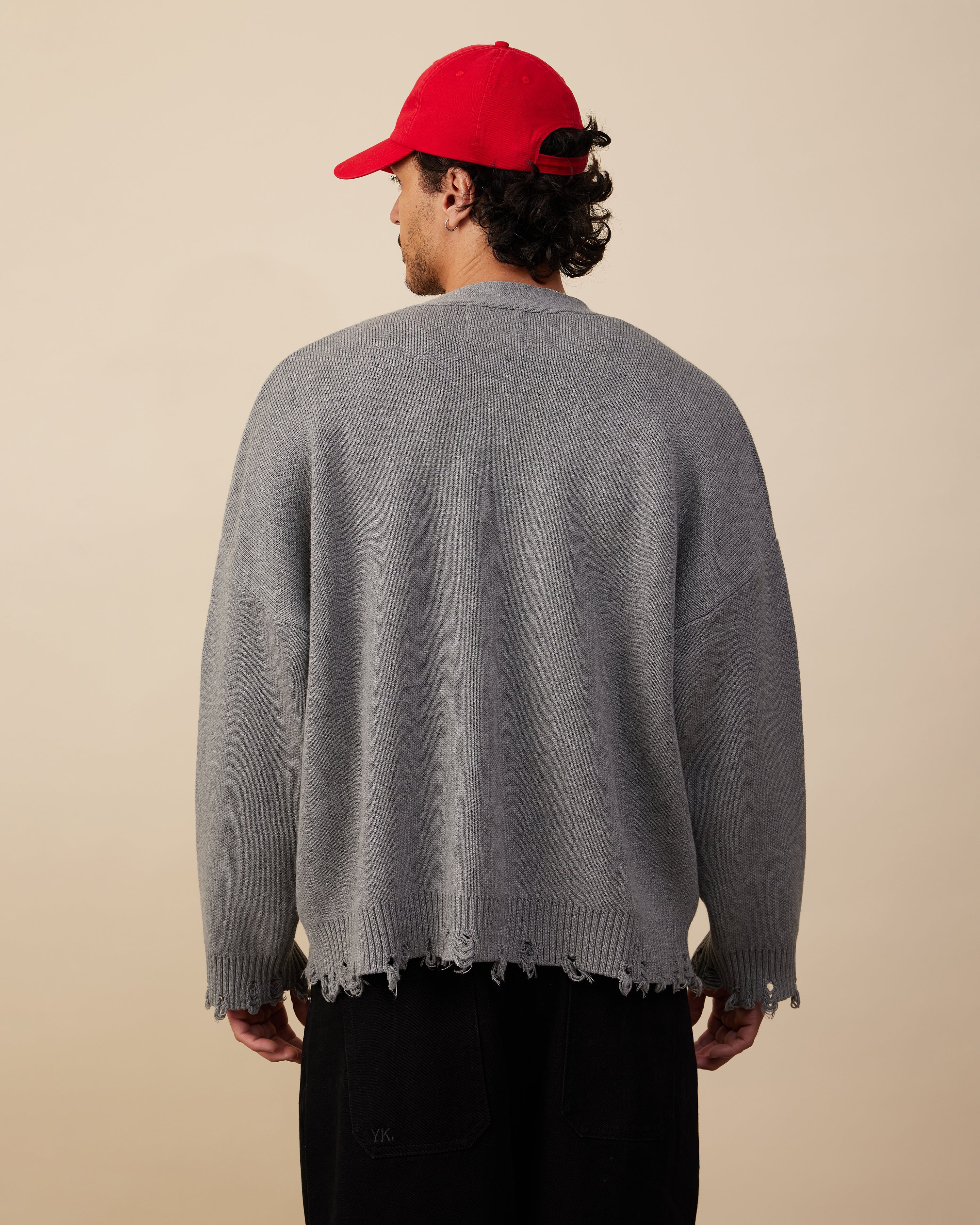 Cotton Knit Boxy Cardi | Distressed Grey Melange - Image 5