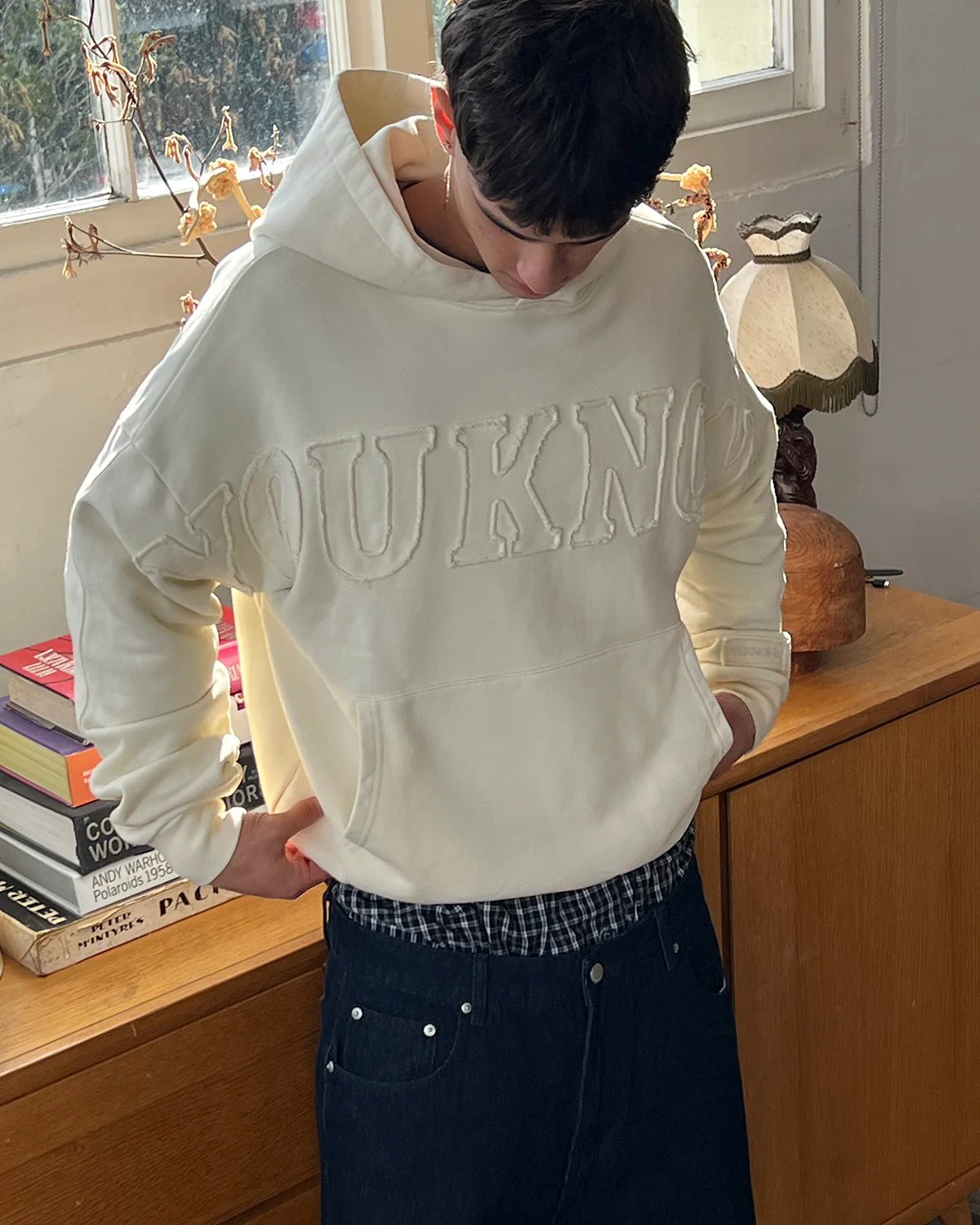 Distressed Applique Hoodie | Washed Cream - Image 3