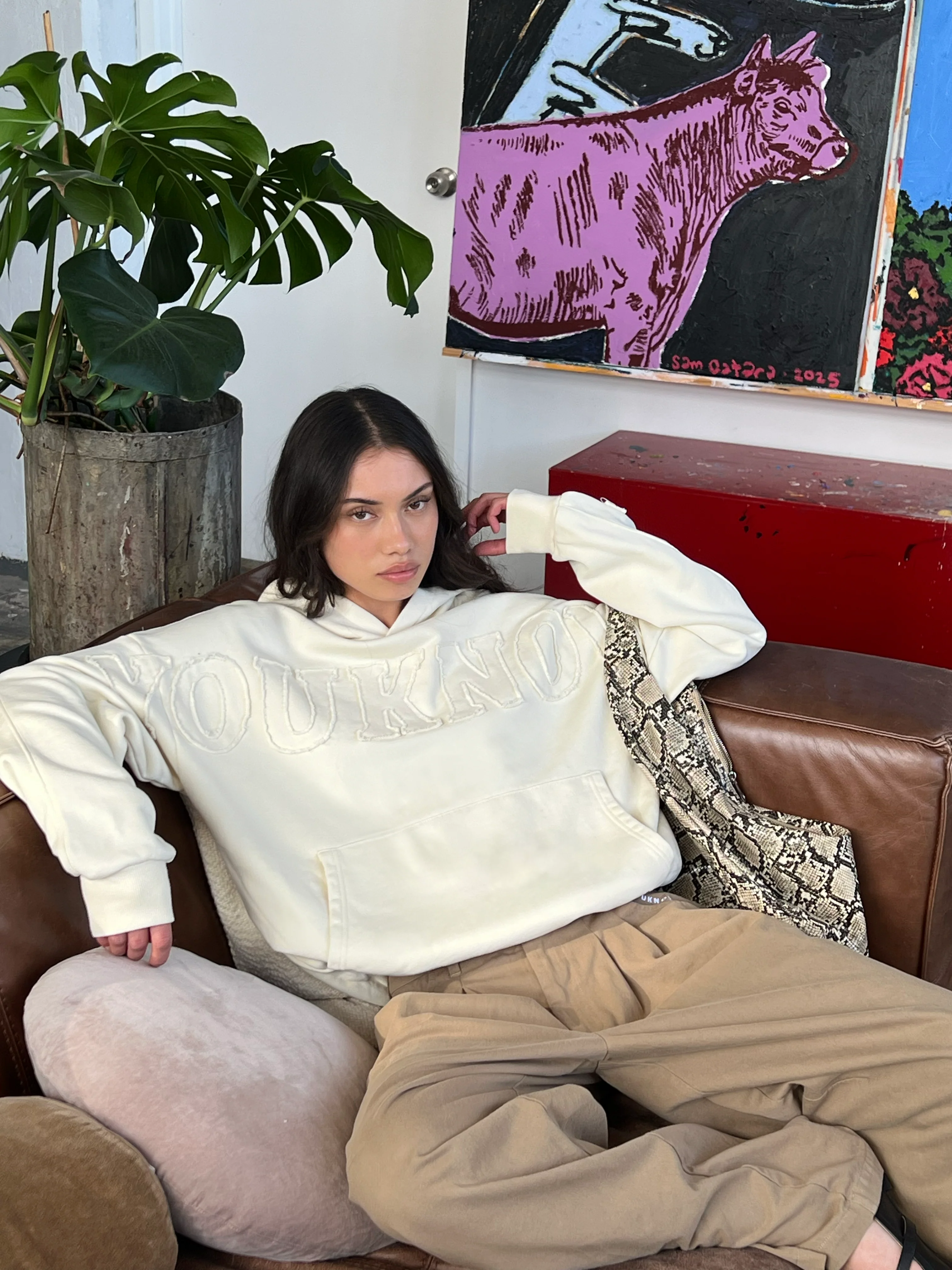 Distressed Applique Hoodie | Washed Cream - Image 4