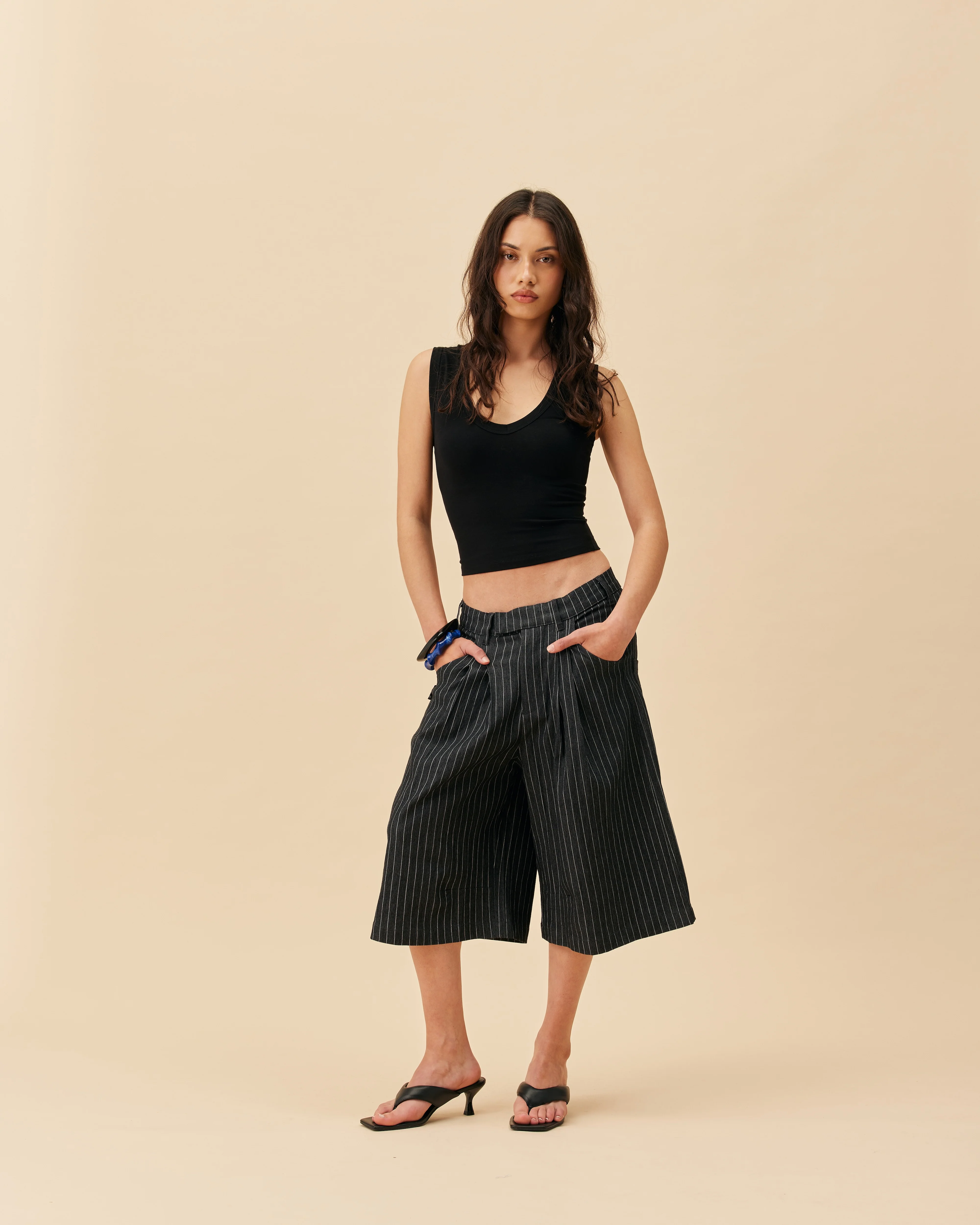 Double Pleated Shorts | NAVY PINSTRIPE - Image 5