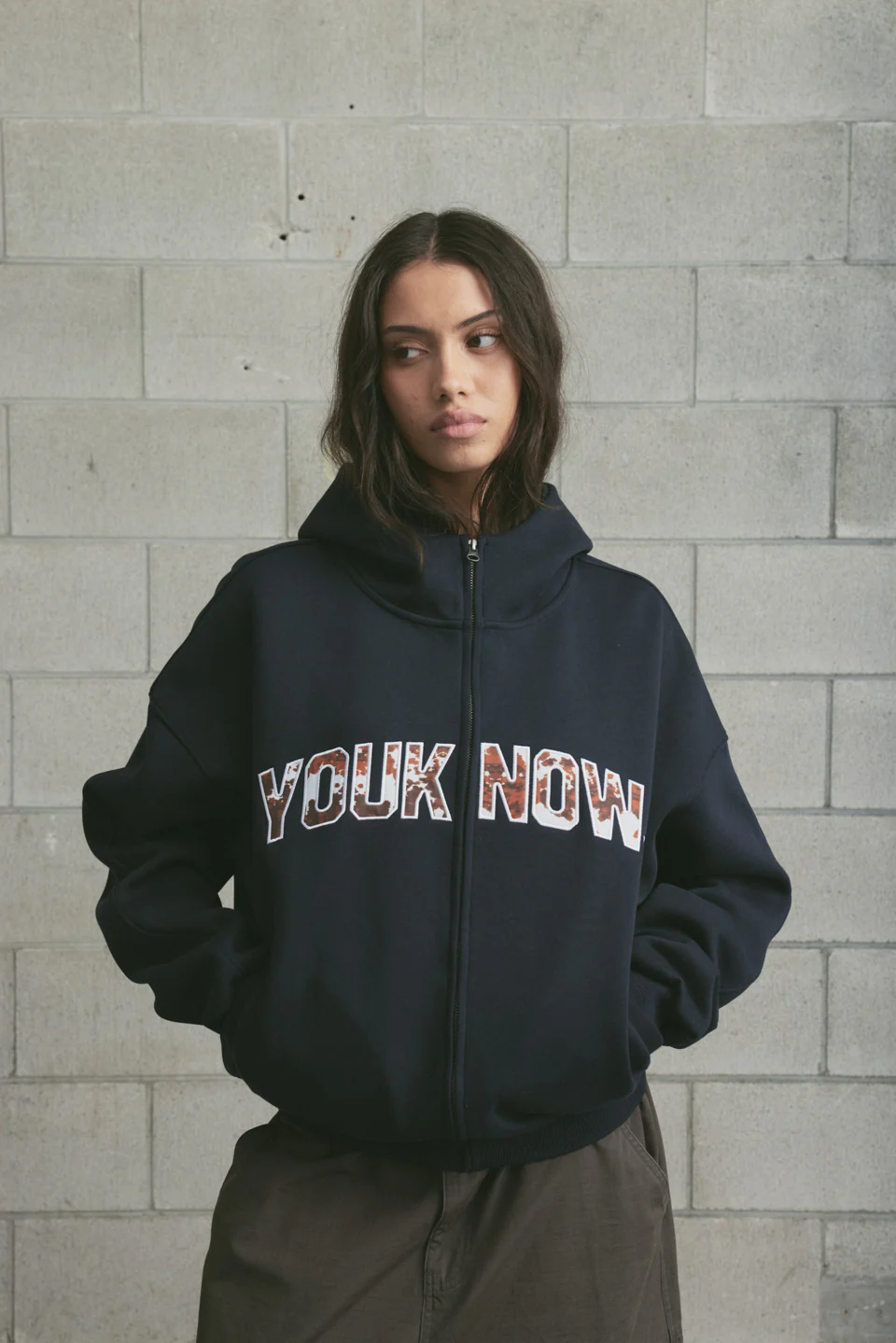 Offset Zip Up Hoodie | Navy/Cow Print - Image 3