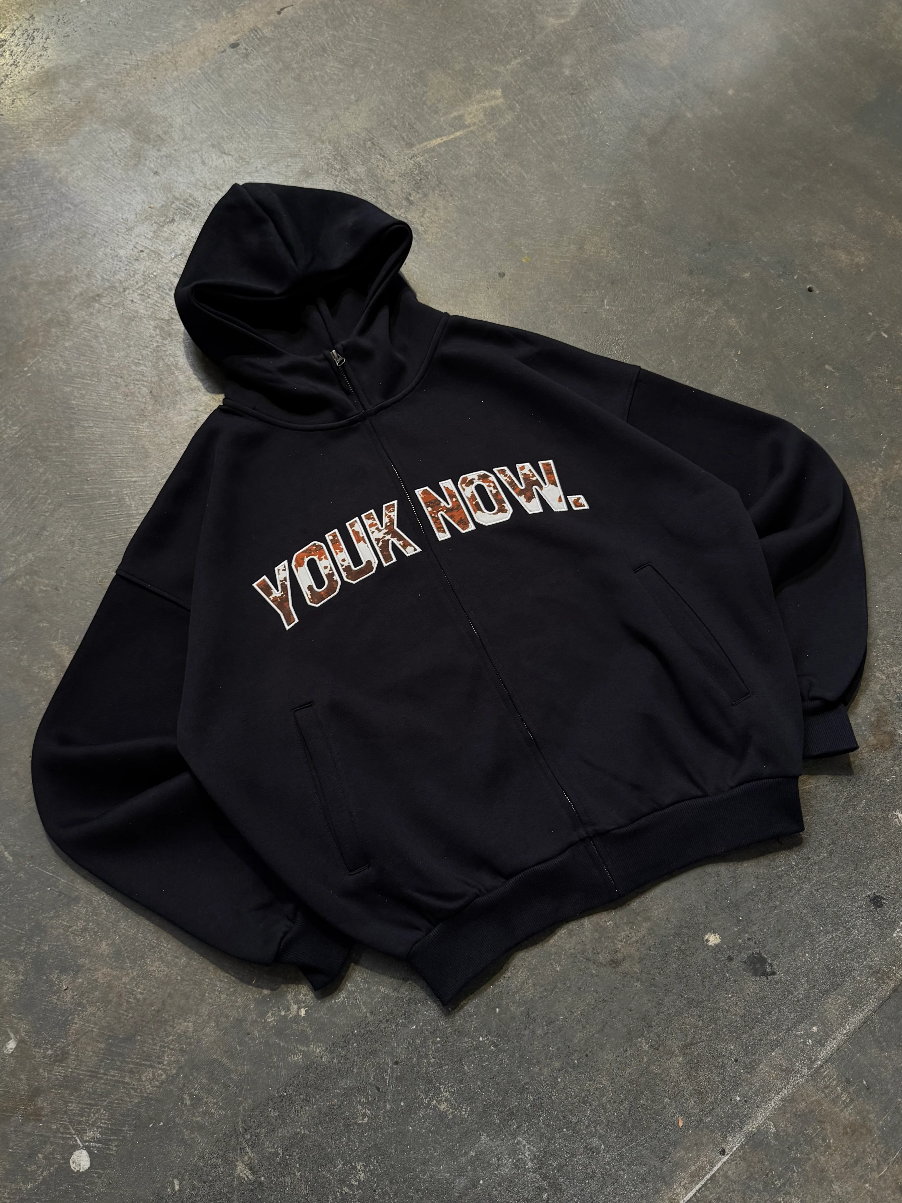 Offset Zip Up Hoodie | Navy/Cow Print - Image 4