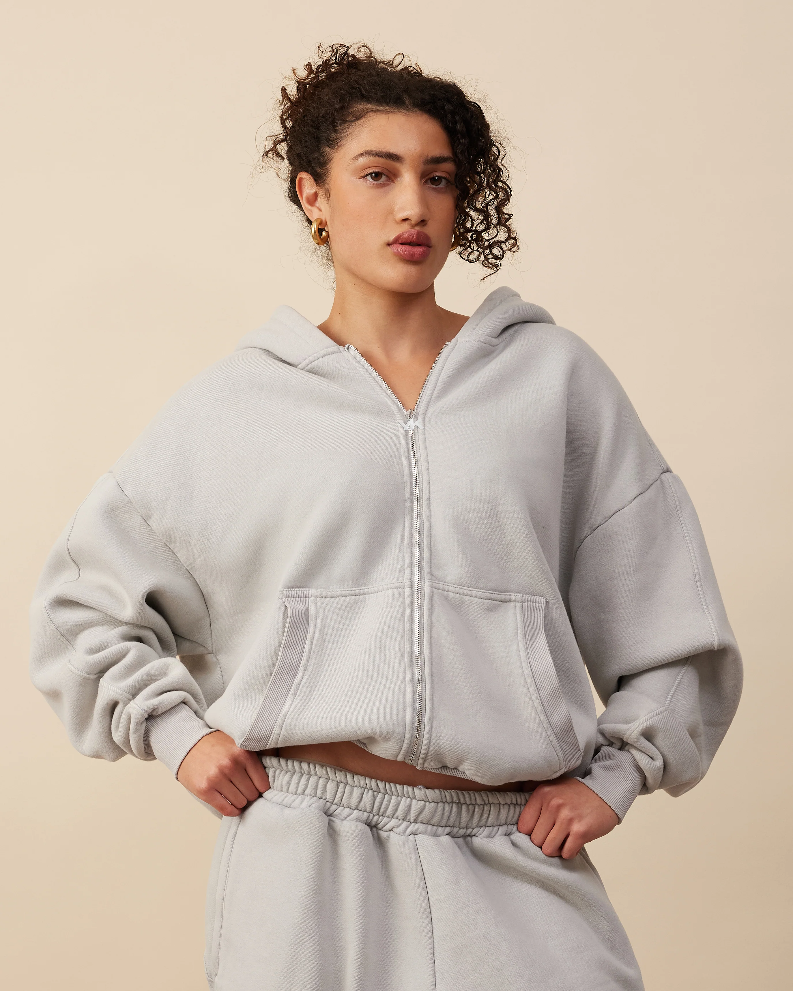 Panelled Zip Up Hoodie | Light Grey - Image 3